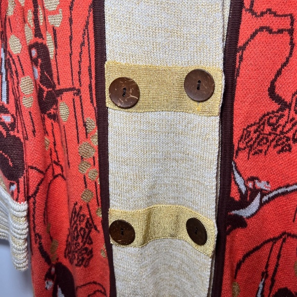 Lia Molly Anthropologie Sweater Monkey Print Double Button Gold Tan Red/Brown - Picture 3 of 7